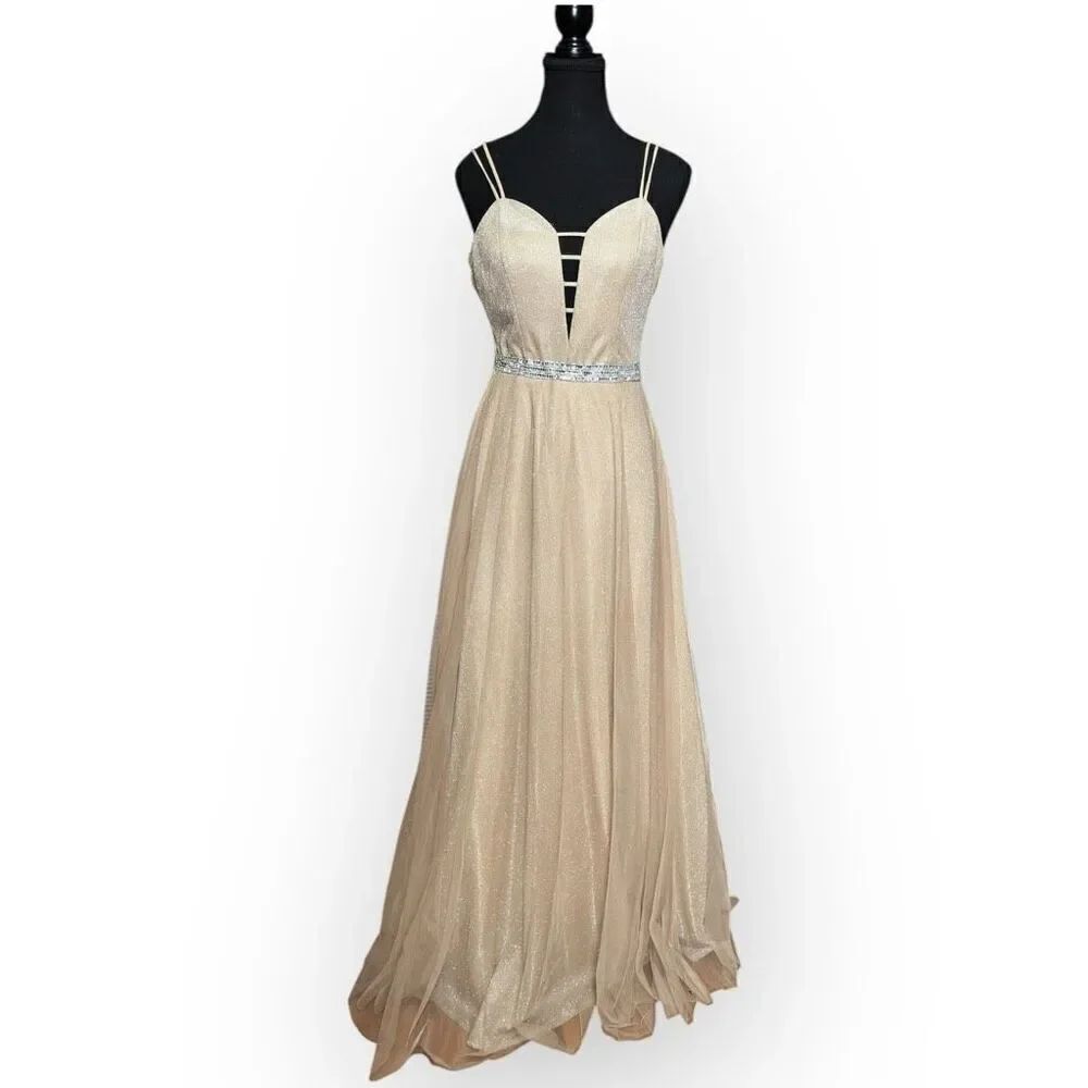 City Triangles Womens Glitter Evening Gown Maxi Dress Tan Silver XS Juniors